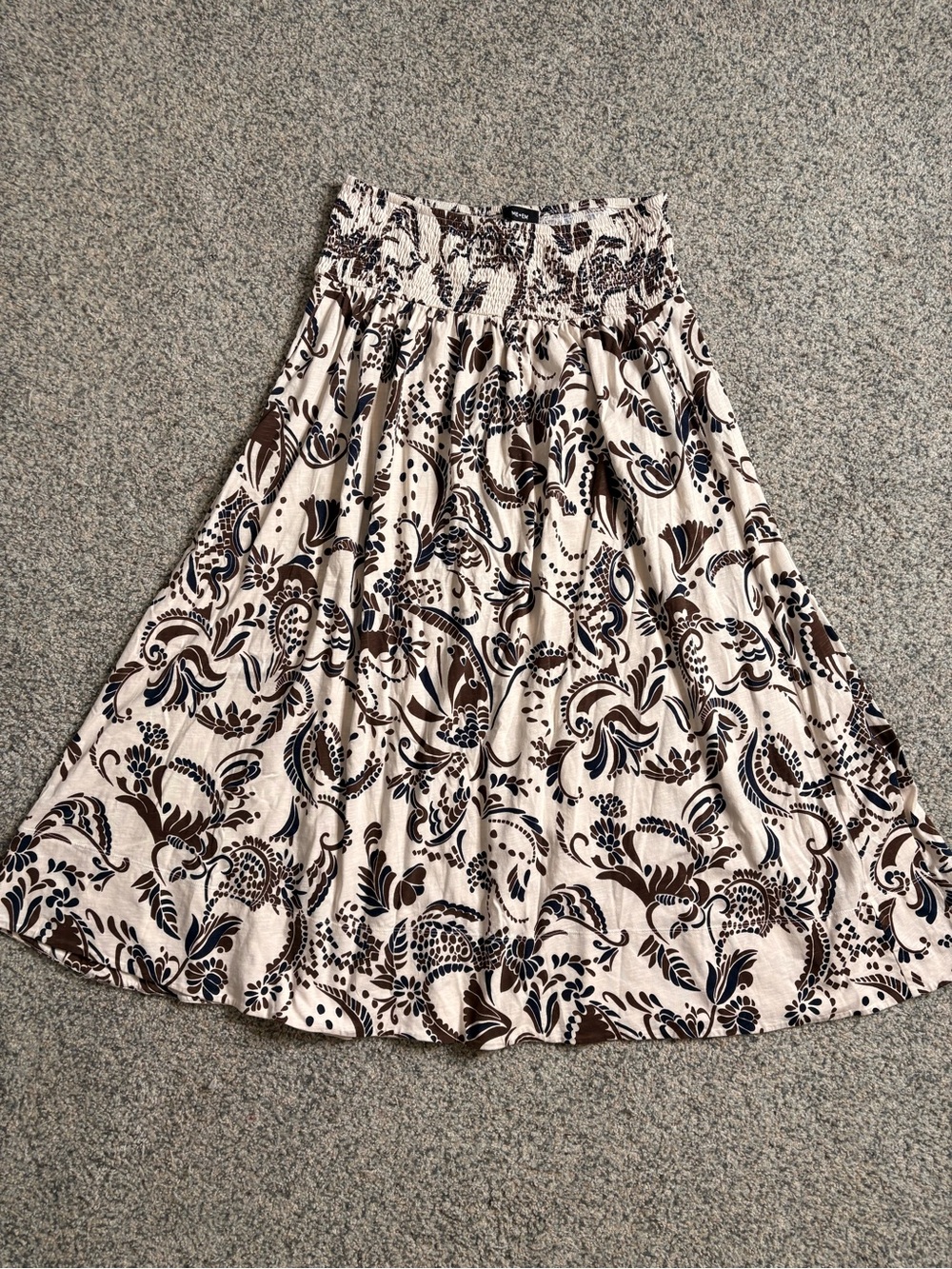 Women’s ME+EM Silhouette Print Tiered Maxi Skirt Sz 10 Ivory/Brown/Blue Smocked
